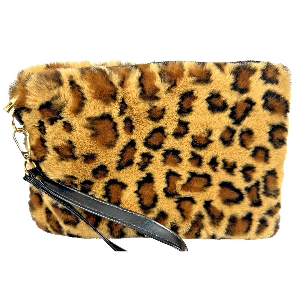 Jane & Berry Fuzzy Leopard Print Wristlet Faux Fur Clutch Y2K Animal Print